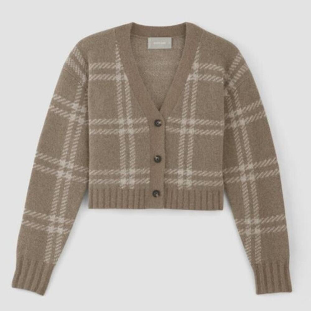 Everlane Size XS Beige Plaid V-Neck Alpaca Wool Blend Cropped Cardigan Sweater